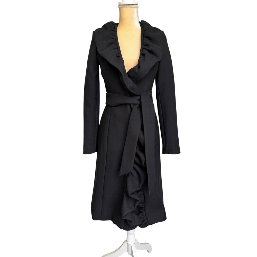MILLY Belted Ruffle Front Coat Black Size 2 Peacoat Classy Chic Workwear